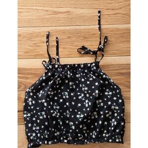 Romwe yellow and green floral pattern on black Crop Top Sz L